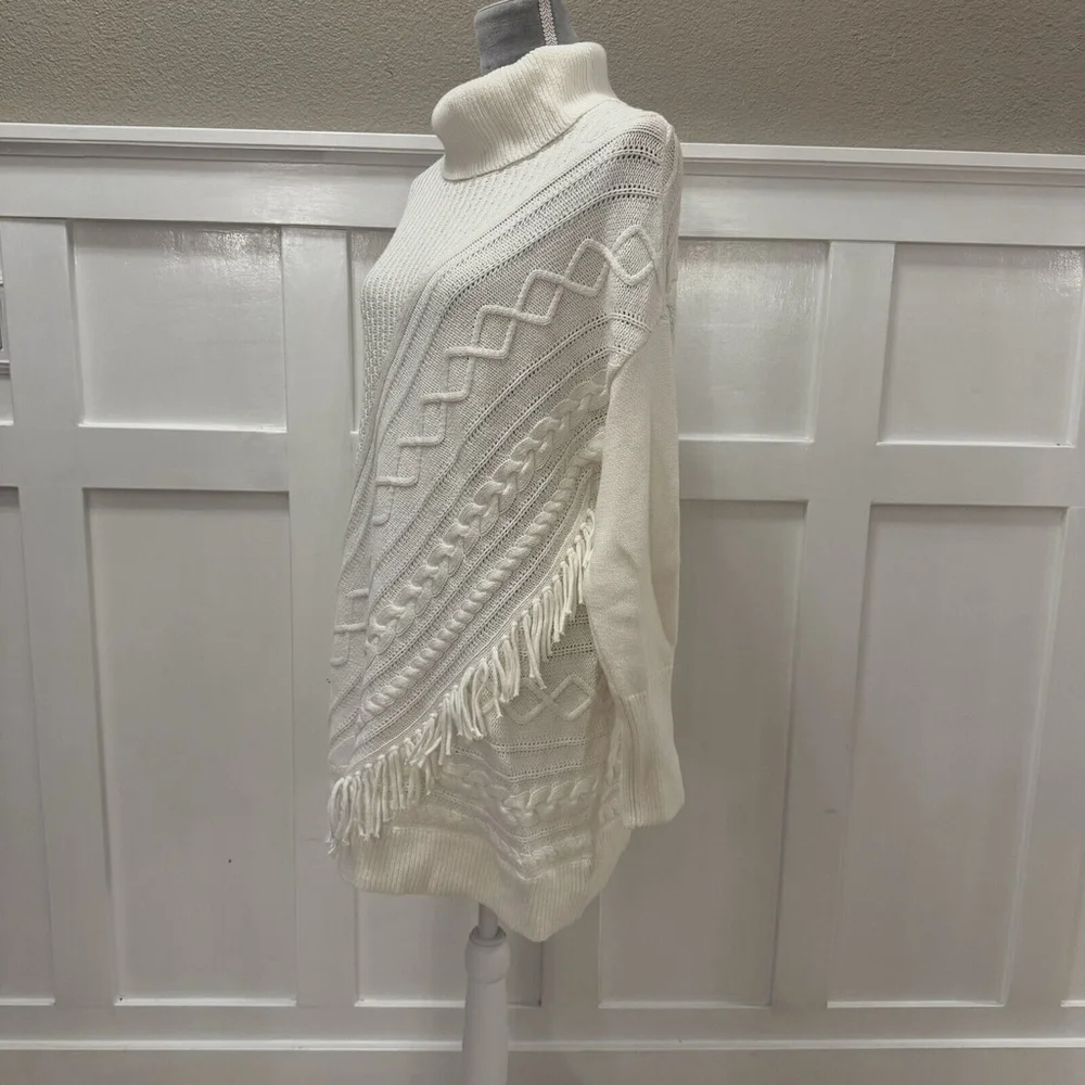 Chico’s Cream Boho Fringe Turtleneck Cable-Knit Tunic Sweater Women Size:2/L